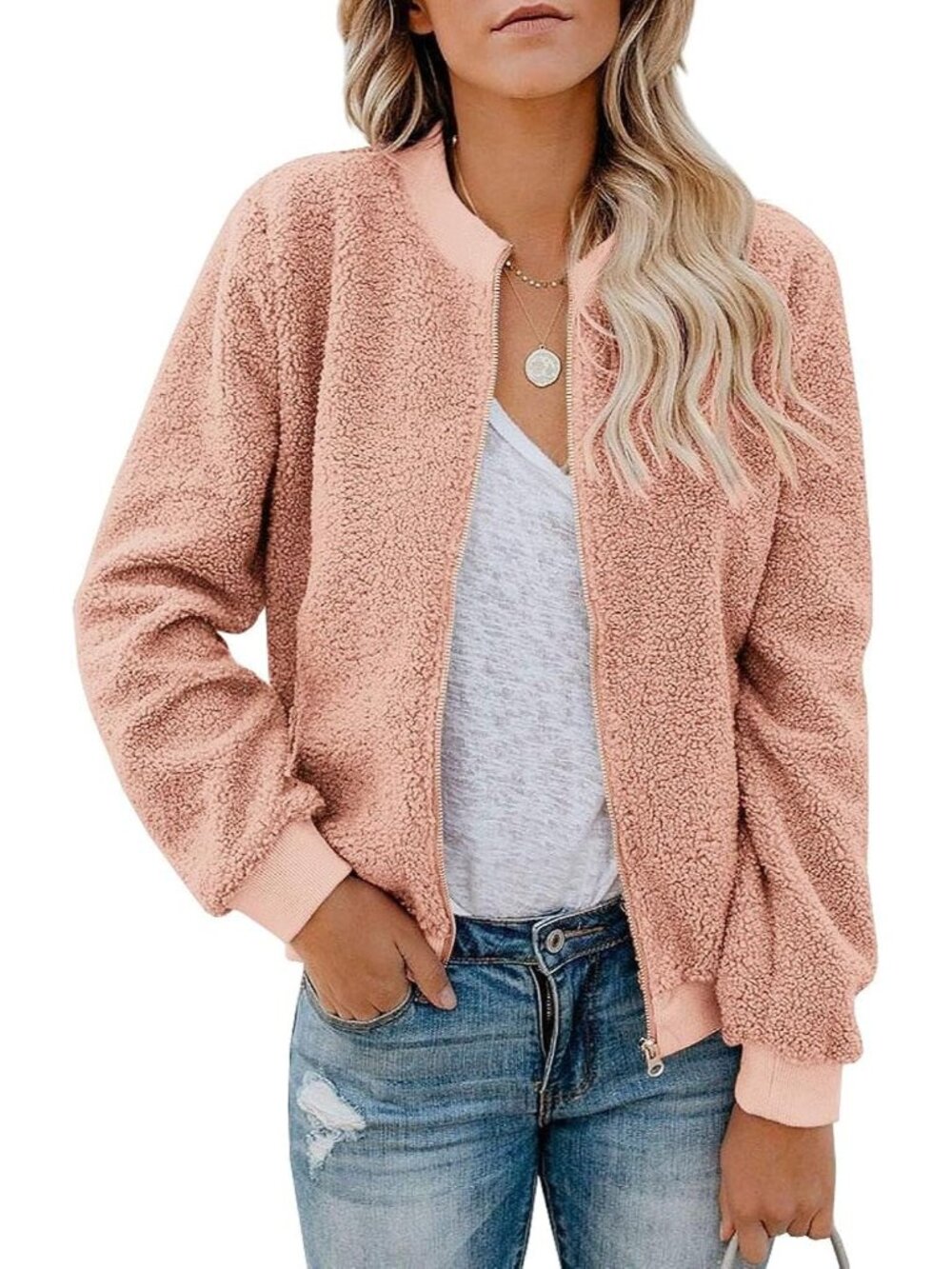 〽️Women's Pink Winter Bomber Long Sleeve Faux Sherpa Fuzzy Casual Zip Coat